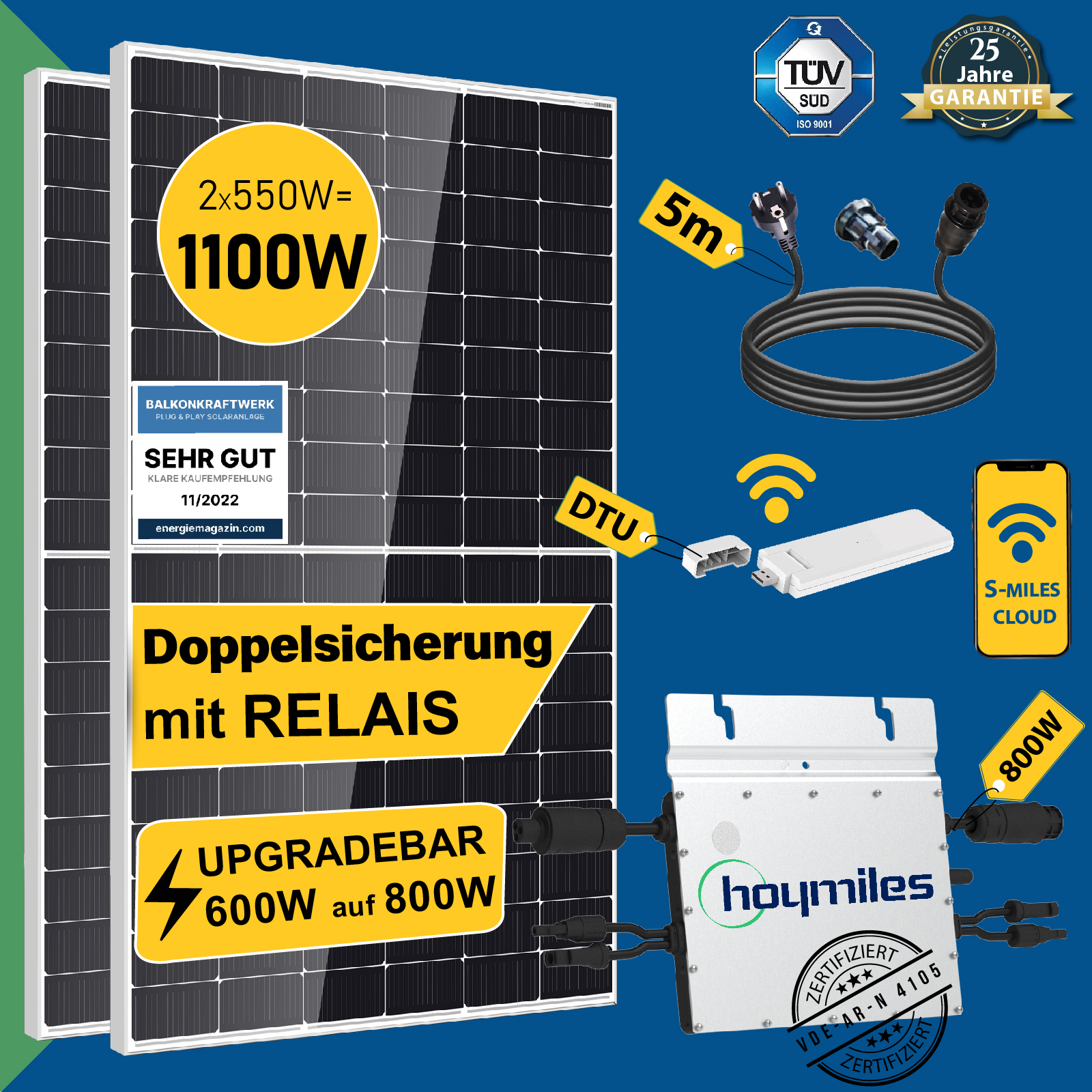 1100 W / 600 W Balkonkraftwerk - Upgradebar 800W Photovoltaik Stecker Solaranlage - epp shop