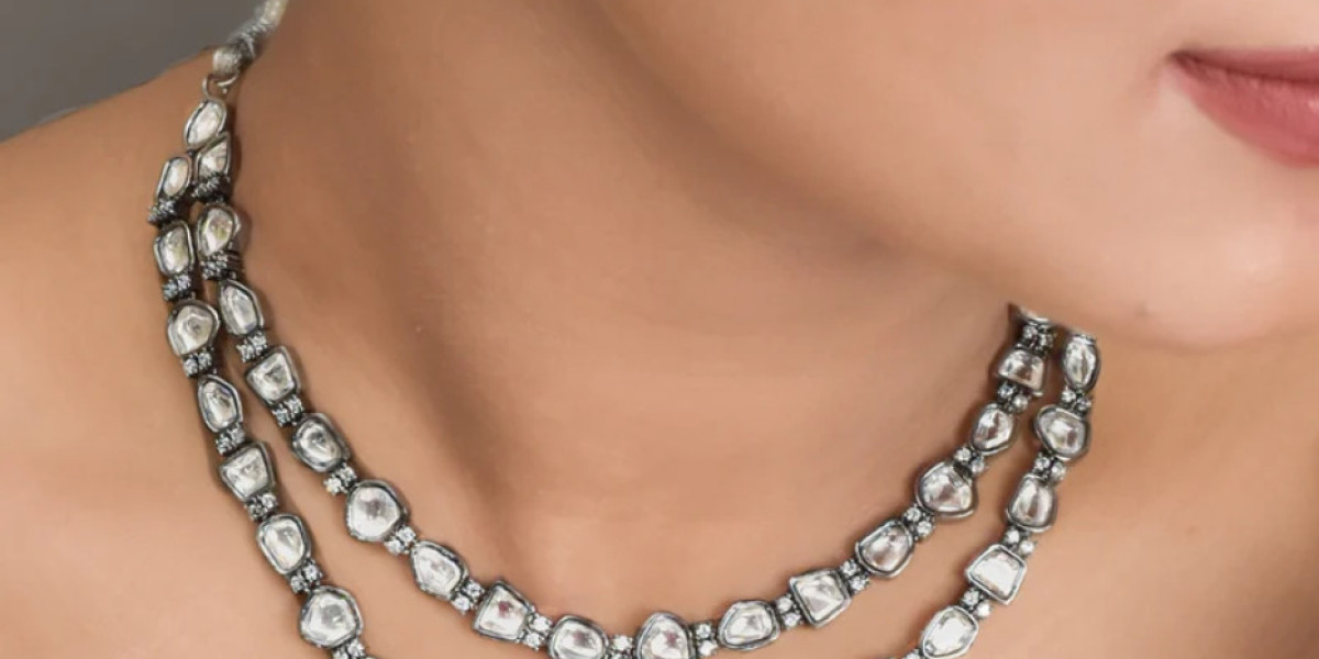 Victorian Double Line Uncut Kundan Polki Necklace With Studs Earrings