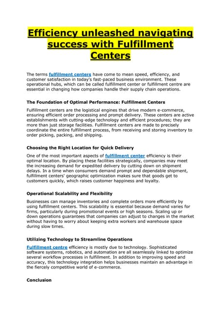 Efficiency unleashed navigating success with Fulfillment Centers | PDF