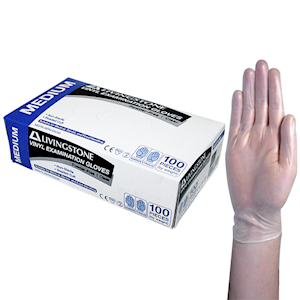 Livingstone Vinyl Exam Gloves, Recyclable, 5.5g, Powder Free, Small, Clear, 100 per Box, 1000 per Carton